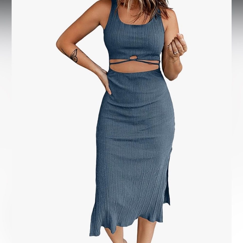 Blue Ribbed Midi Dress